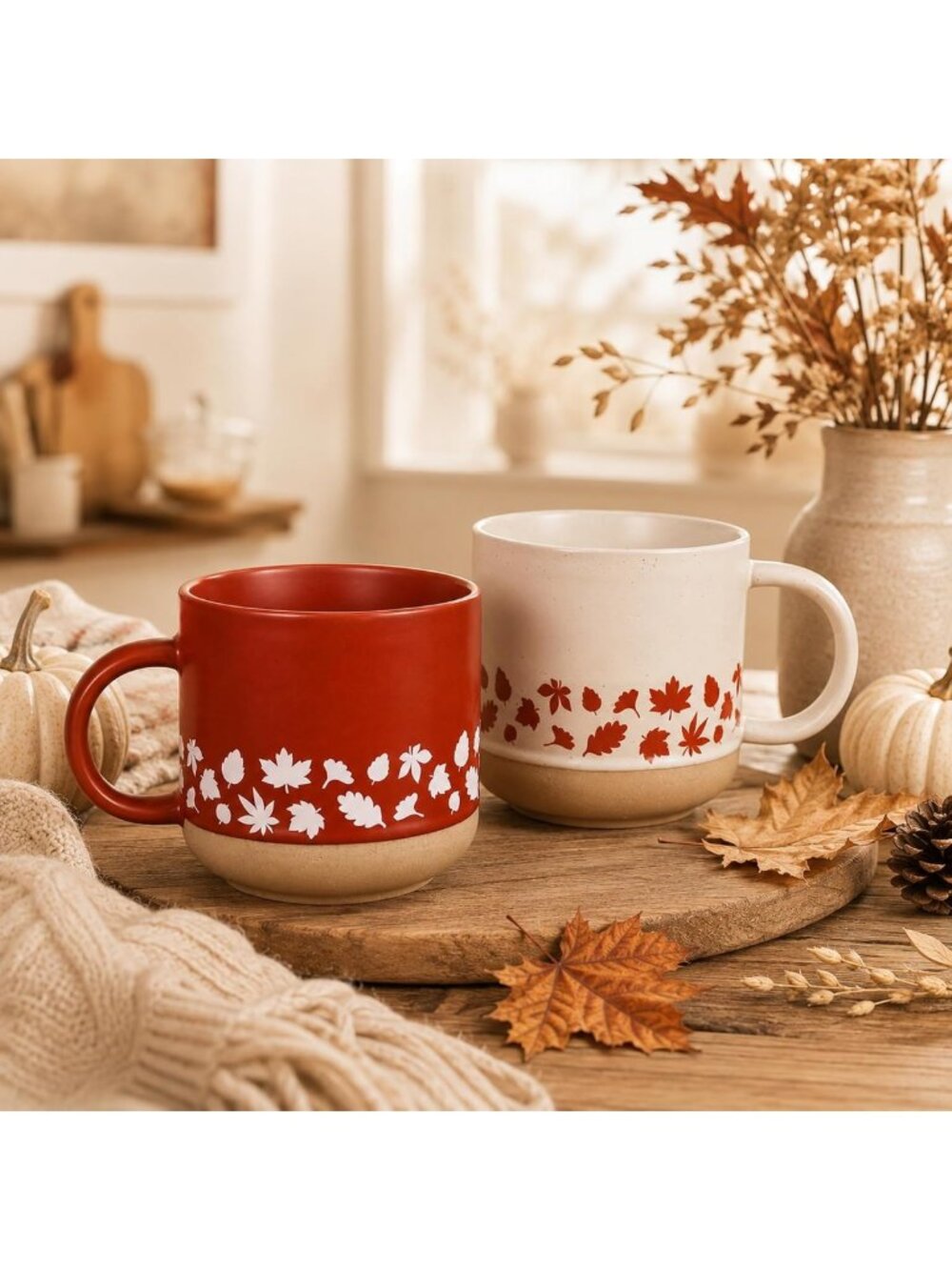 Set of 2 Fall Coffee Mugs - 14oz Maple Leaf Ceramic Autumn Espresso Cups
